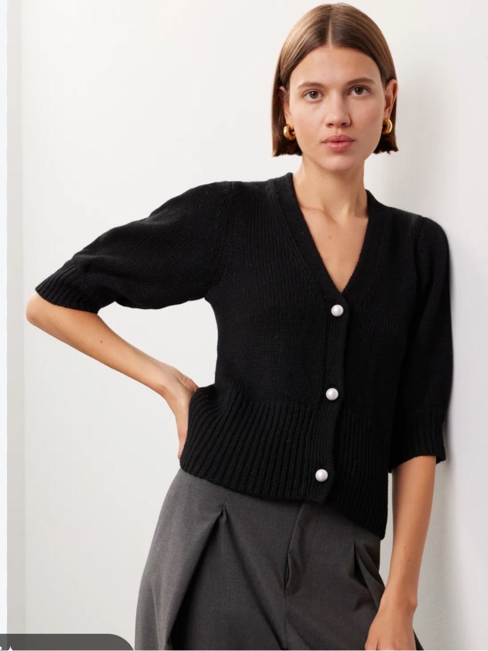 Adam Lippes Black Cropped wool blend in Puff-Sleeve Cardigan
